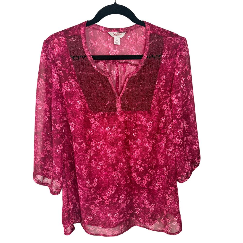 Arizonia Jean Co. Boho Floral Blouse Crochet Lace Yoke V-Neck Top Size XL